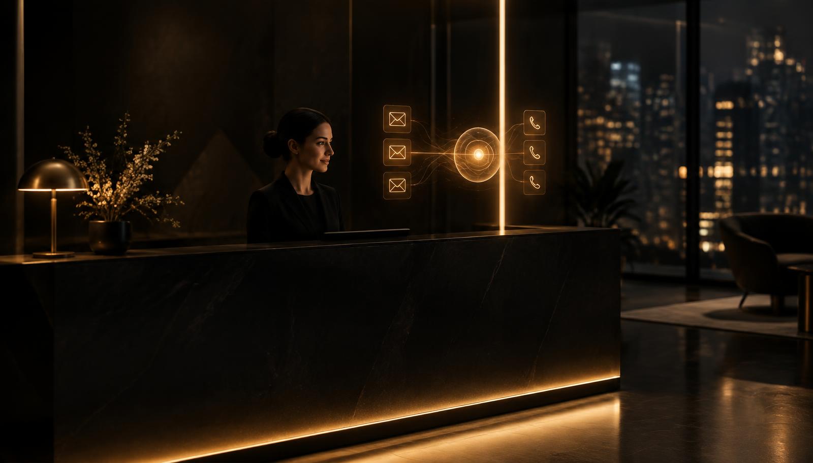 Reception desk with an AI assistant answering emails and calls