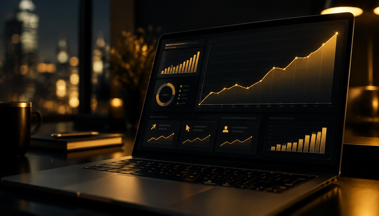 Laptop showing rising ad performance charts